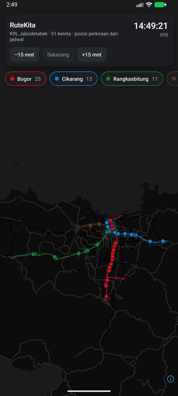 Peta RuteKita dalam mode gelap dengan jalur KRL berwarna.
